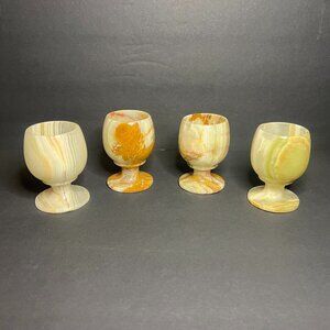 Vintage Set of 4 Onyx Marble Swirl Stone Stemmed Mini Shot Style Goblets 2.75"